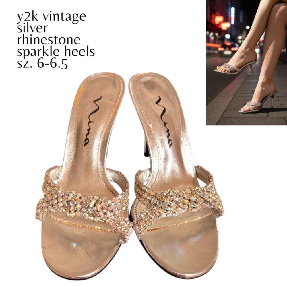 VINTAGE Y2K Nina Silver Rhinestone Crystal Mules - Sz 6 / 6.5 Bling Heels‎